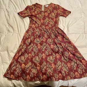 LulaRoe M Long Maxi Dress Red Orange FEATHER PRINT Short Sleeve